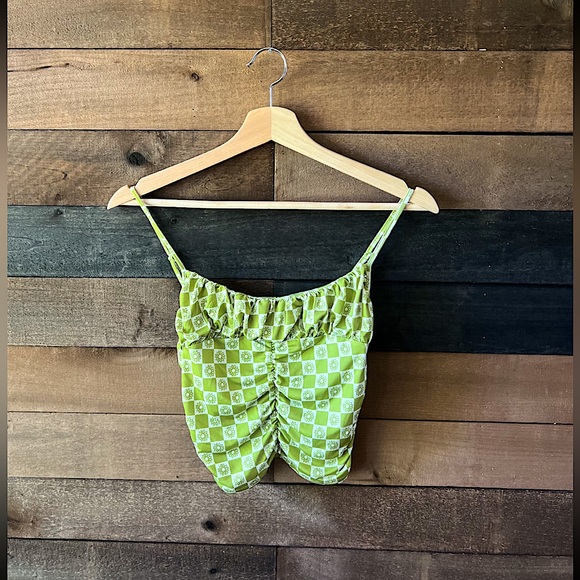 Urban Outfitters Tops - Urban Outfitters Green Retro Floral Checkerboard Ruched Crop Top – Size M